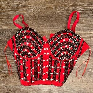 love J Red Beaded Crop Bustier Top